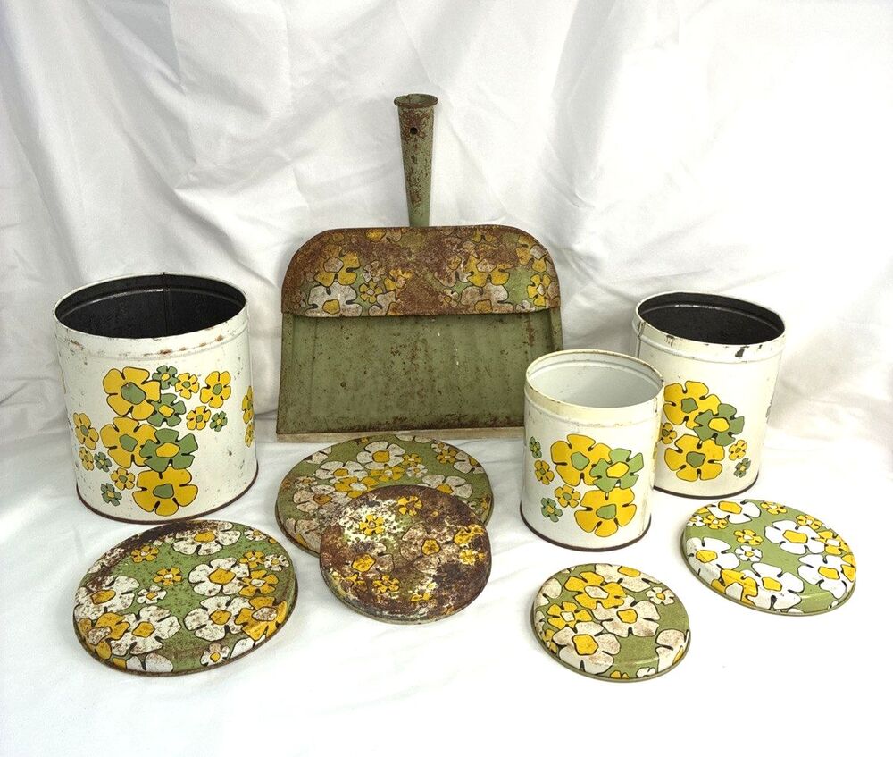 Ballonoff Daisy Tin Set Canister Dustpan Avocado Green Yellow Flower Rusty Vtg